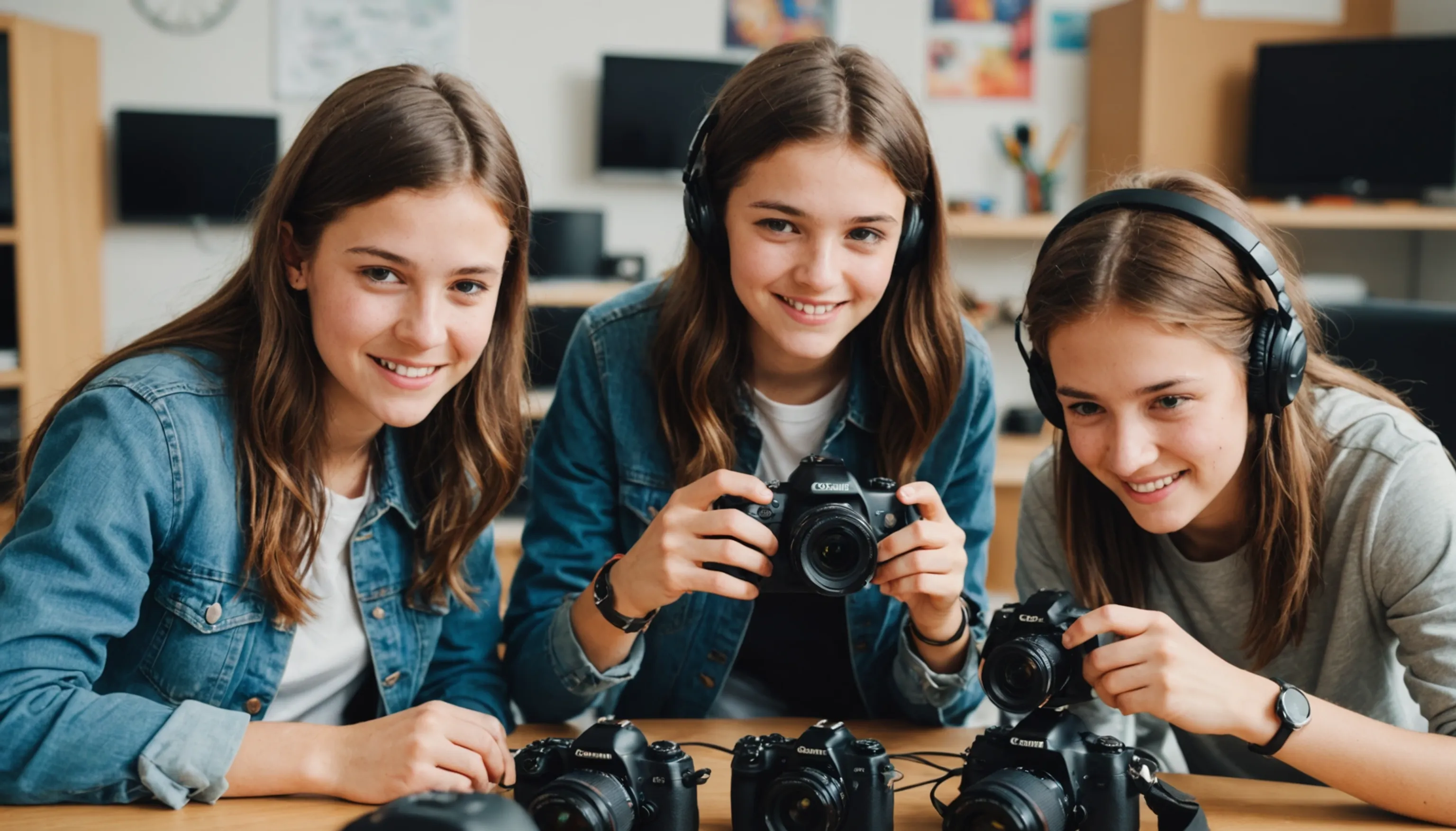 Teenagers working on video production and editing