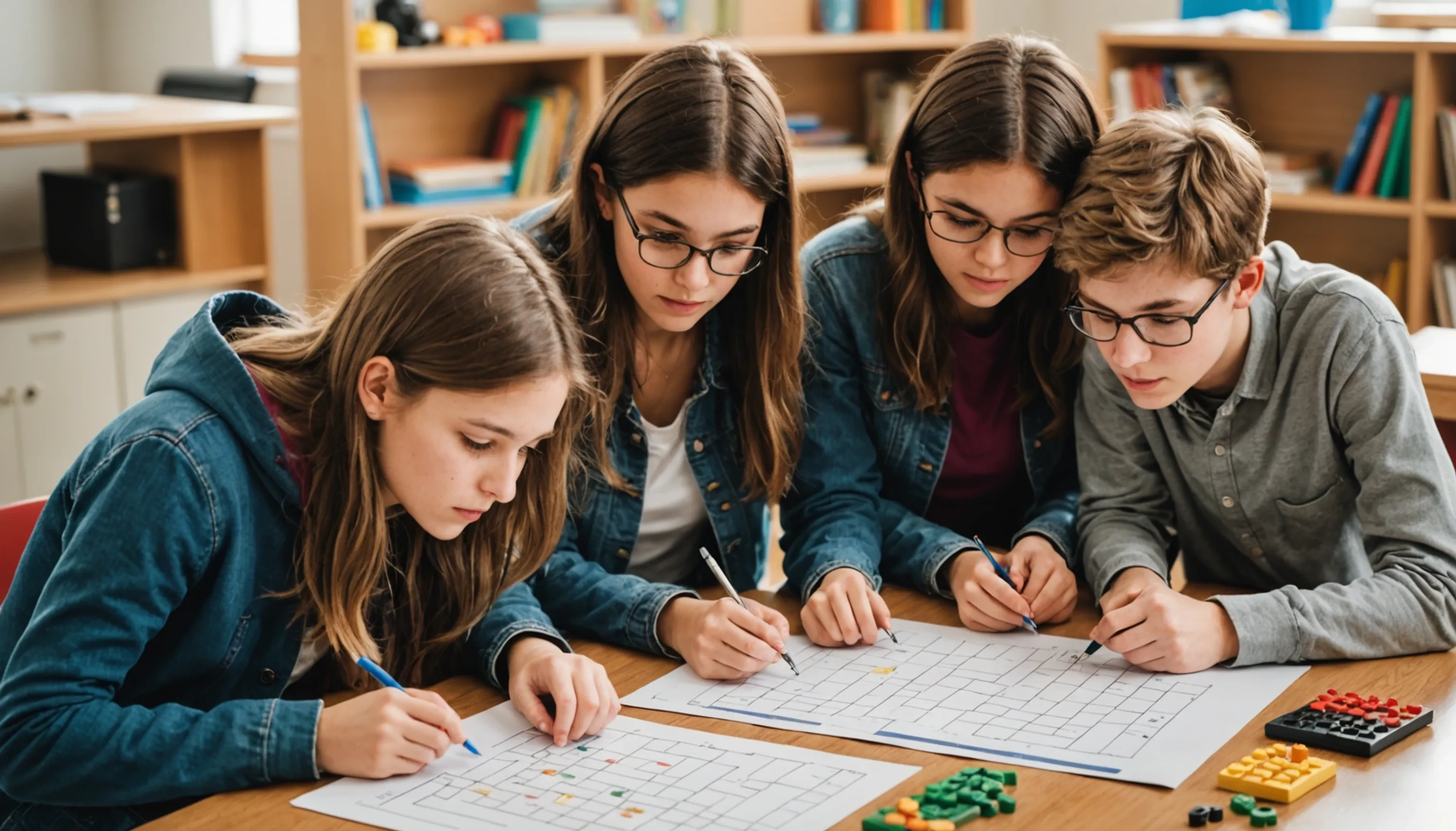 Teenagers solving free math puzzles and brain teasers