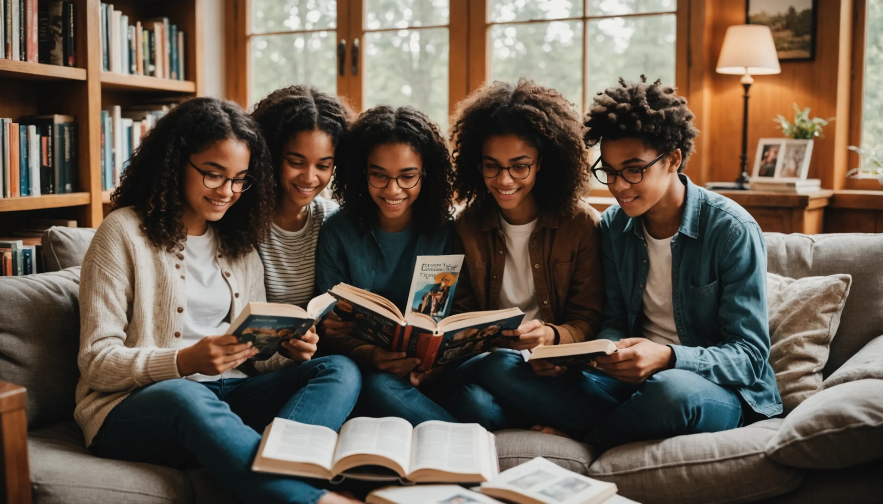 Teenagers engaged in reading various books