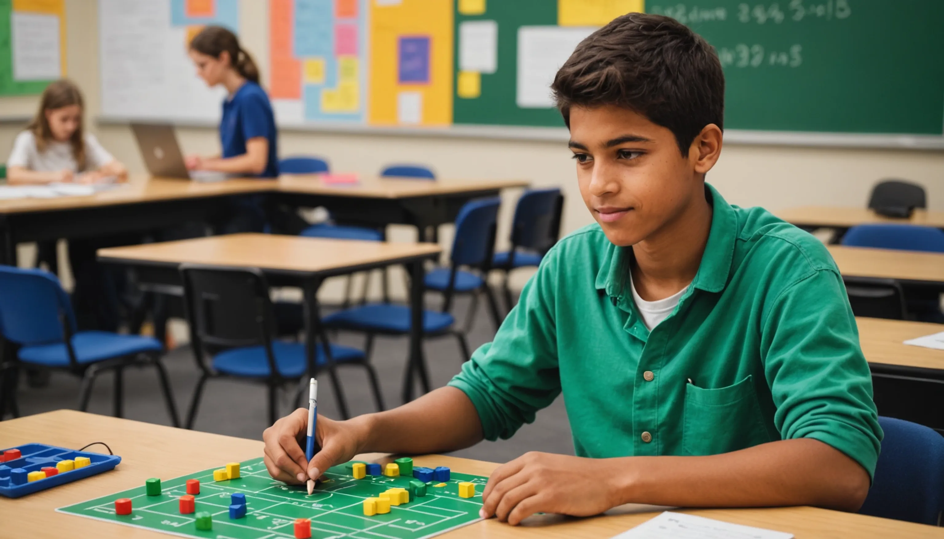 Teenager playing resource management game that incorporates math