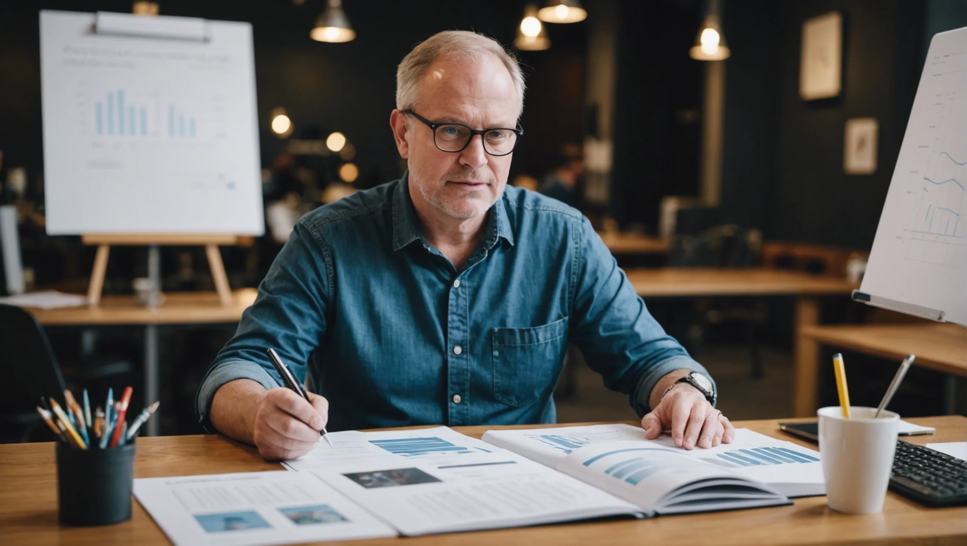 Directeur de l'innovation réalisant une étude de marché approfondie