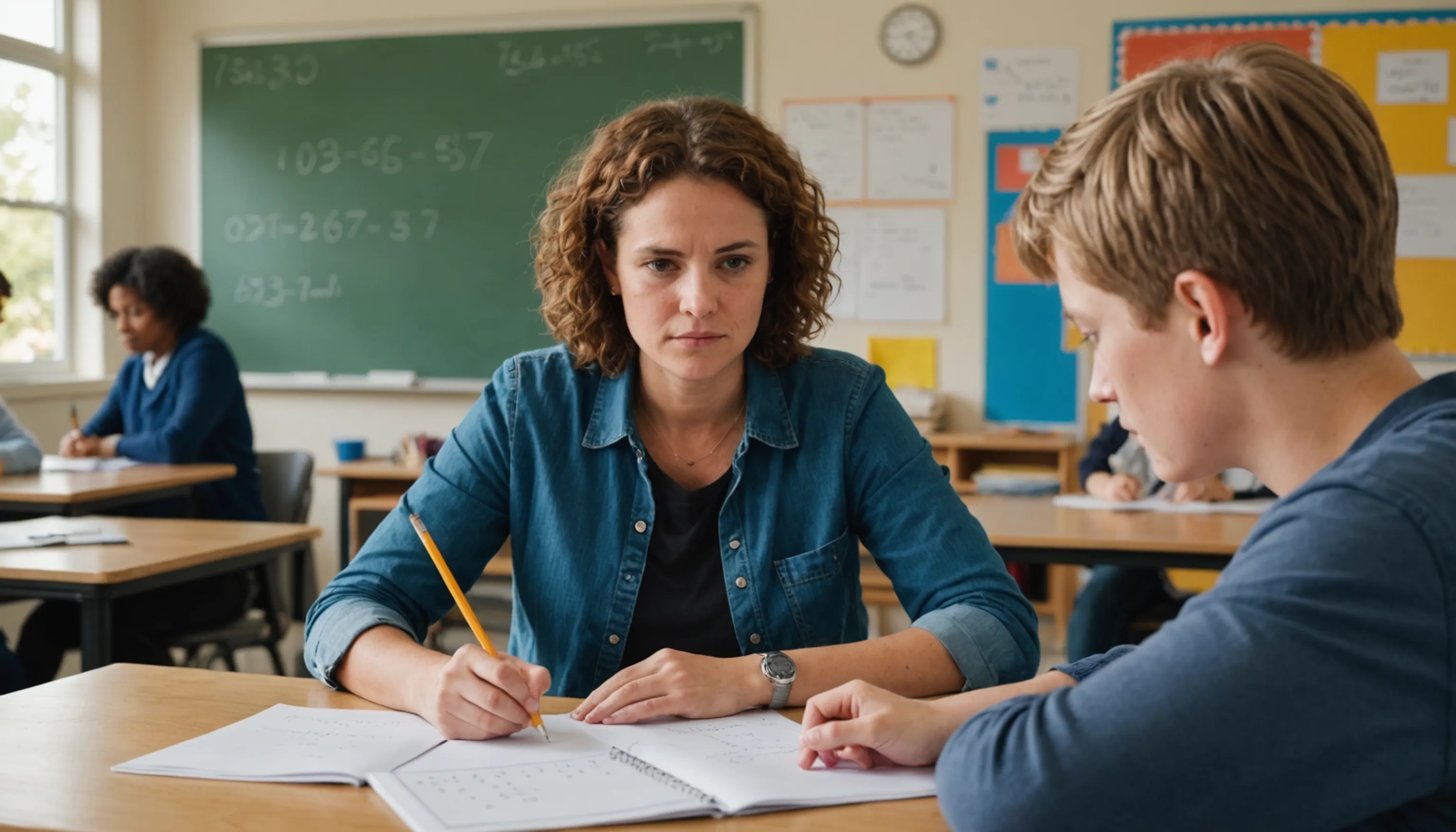 Parent or teacher assessing math ability in teenagers