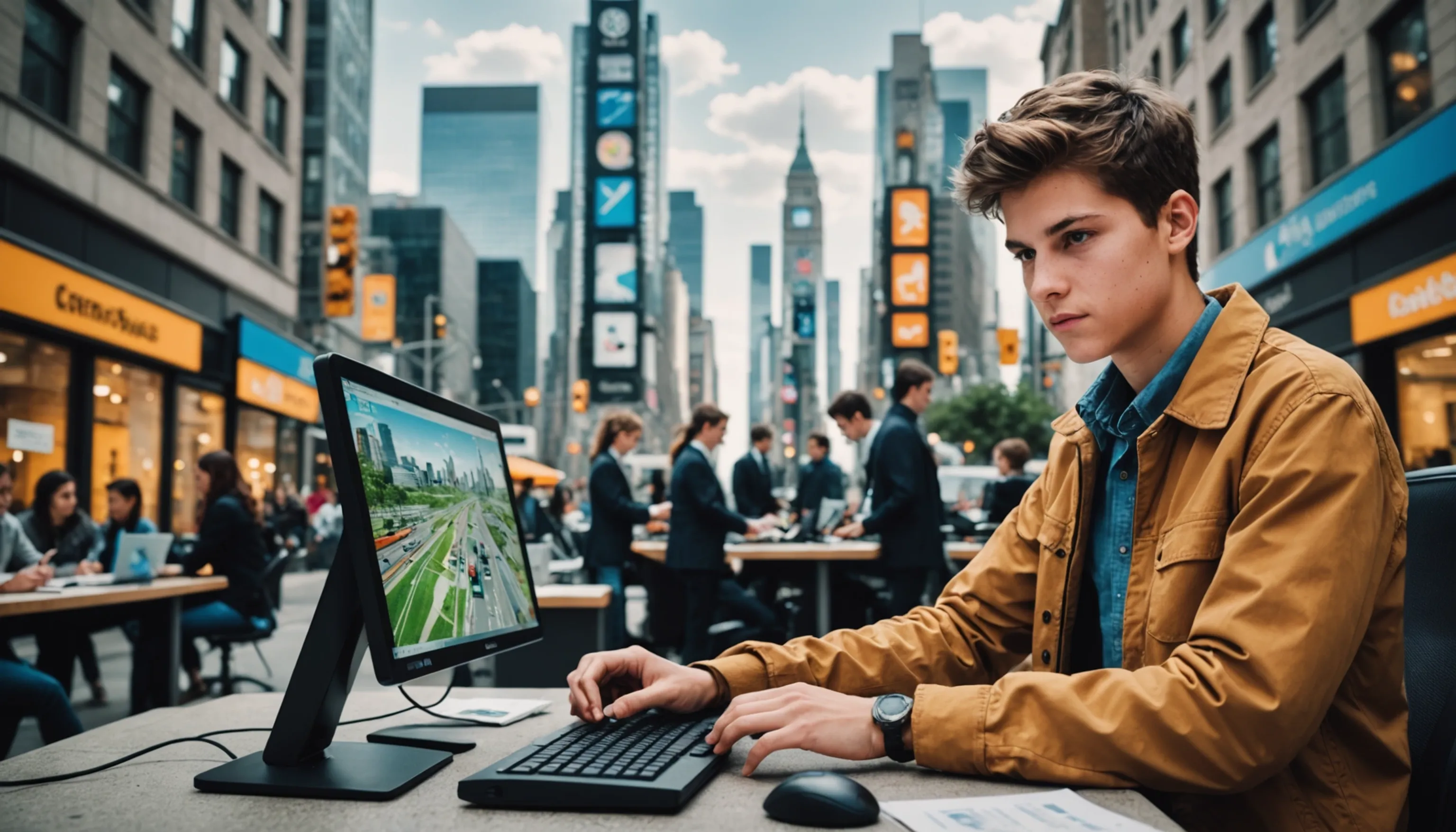 Teenager playing challenging city management games on PC