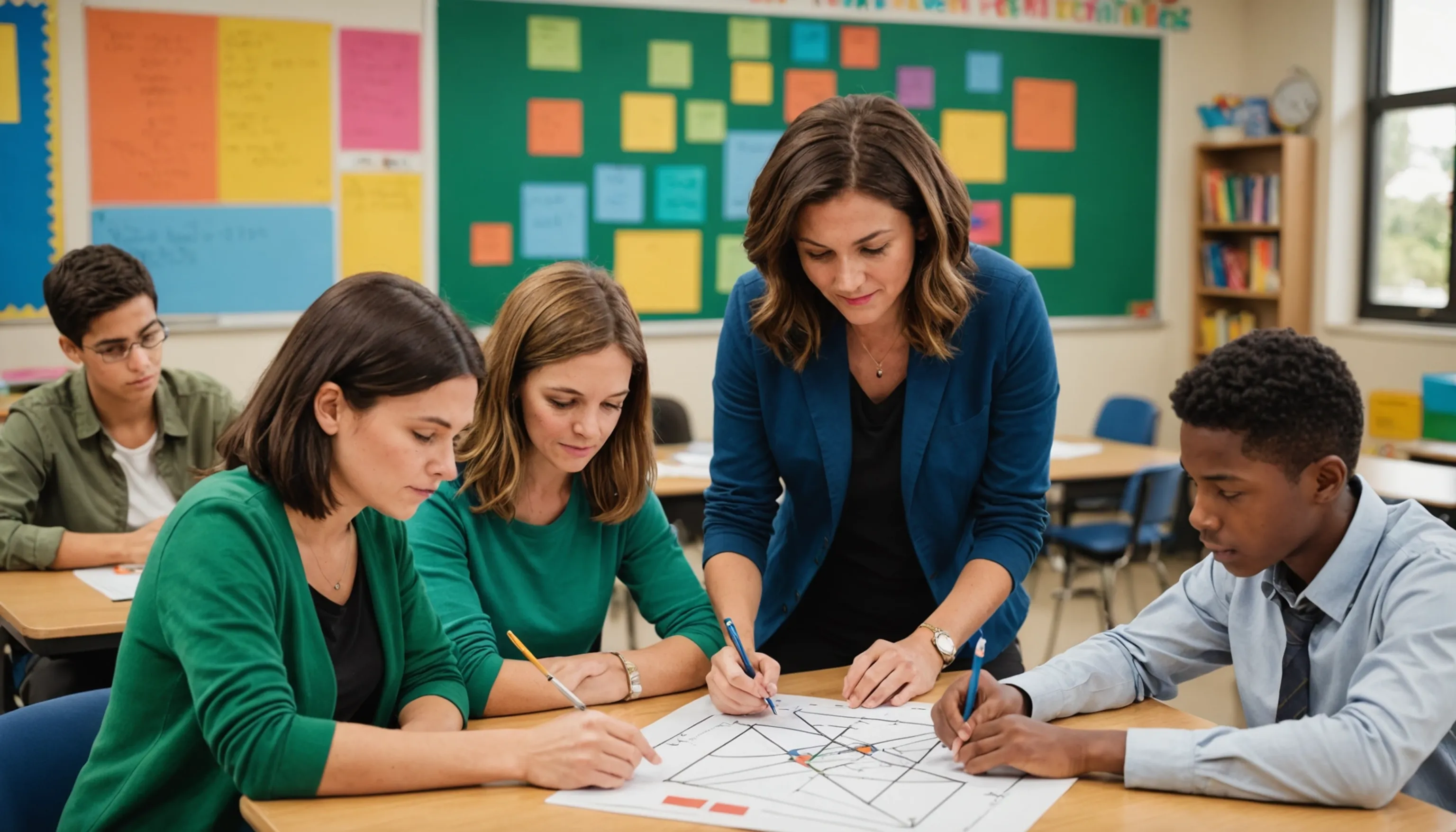 Parents and teachers assisting teenagers with geometry concepts