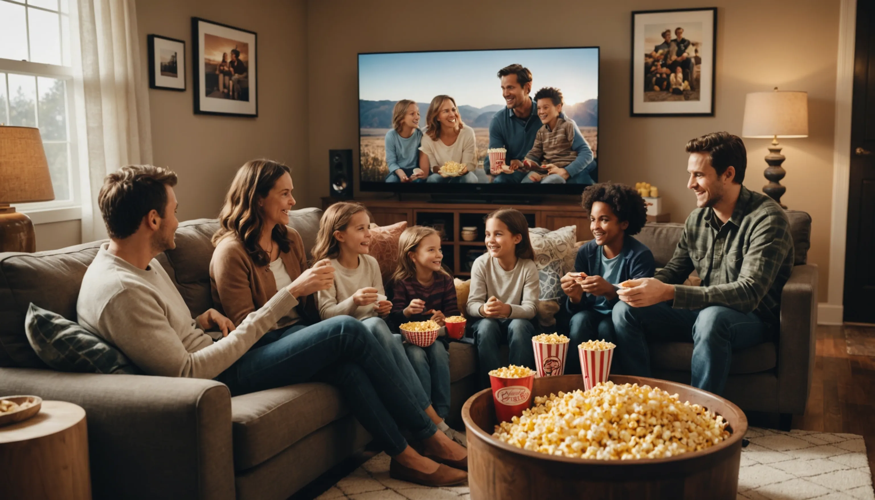 Family enjoying a cozy movie night at home