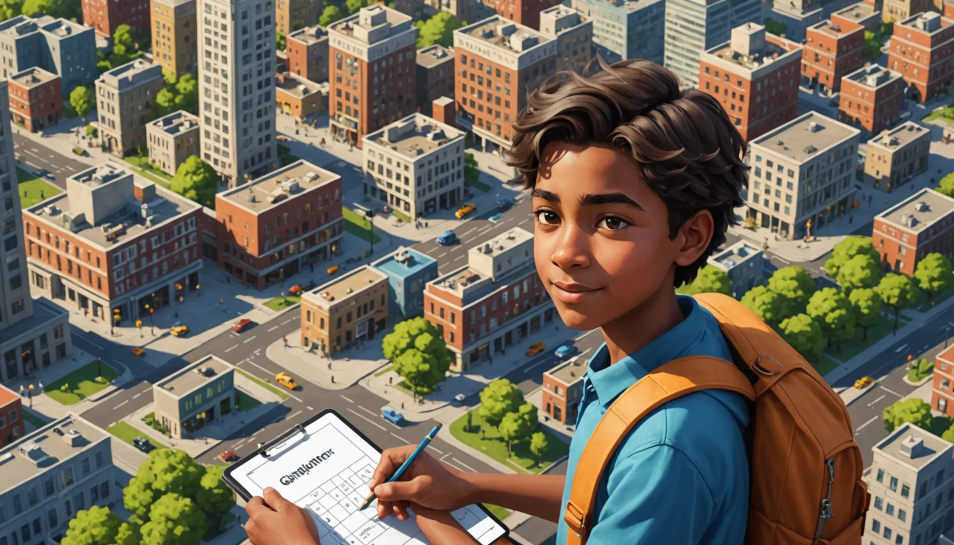 Teenager engaging with a city-builder game that includes math elements