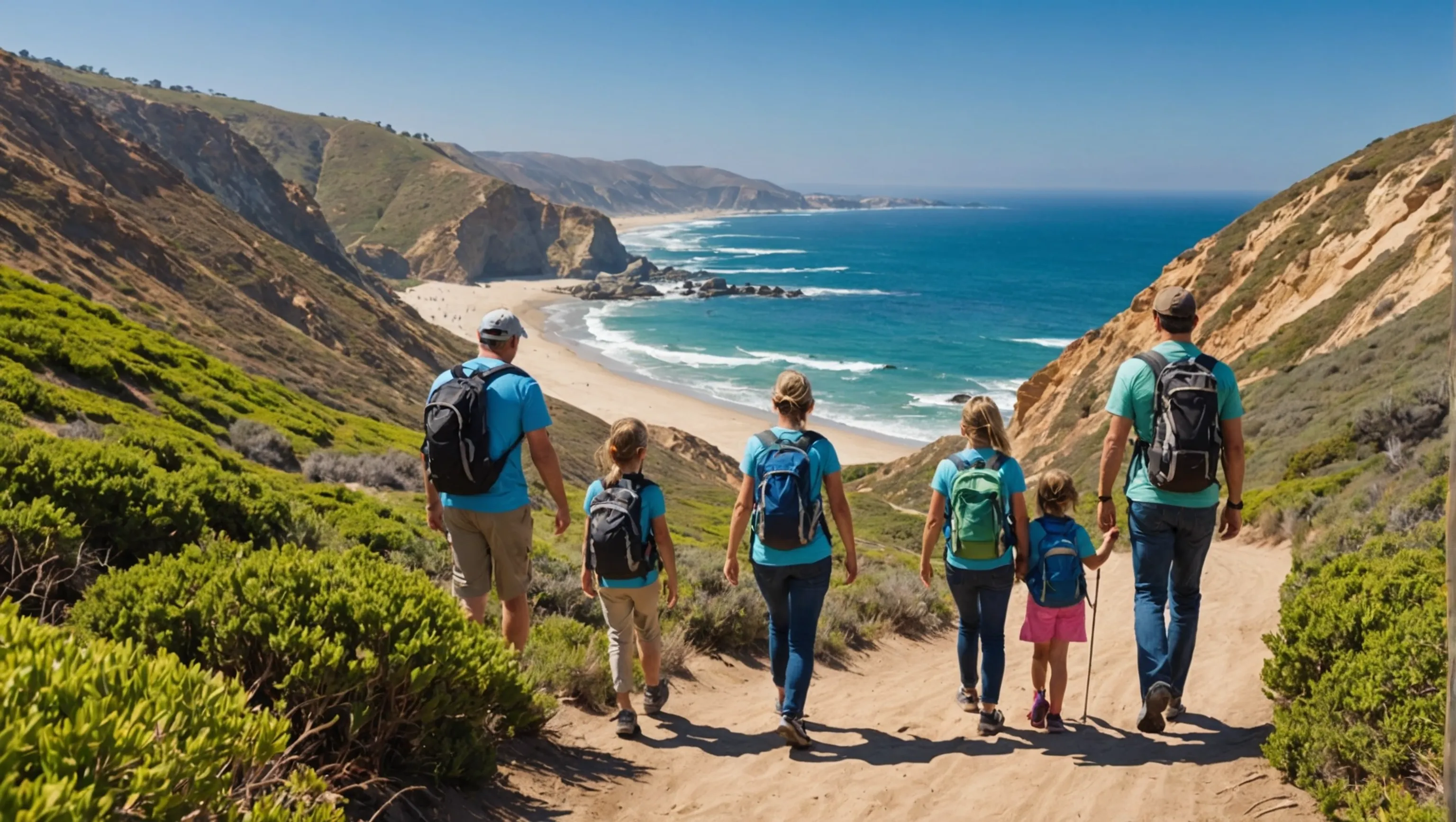 Family hiking and enjoying nature safely