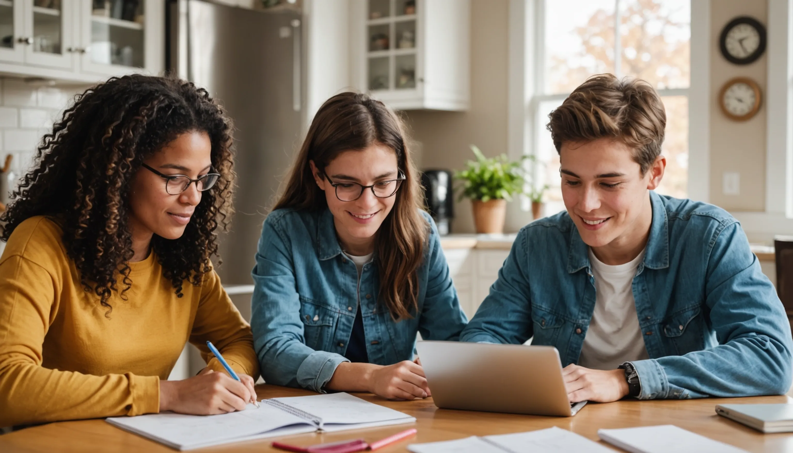 Parent helping teenager with online math programs for homeschooling