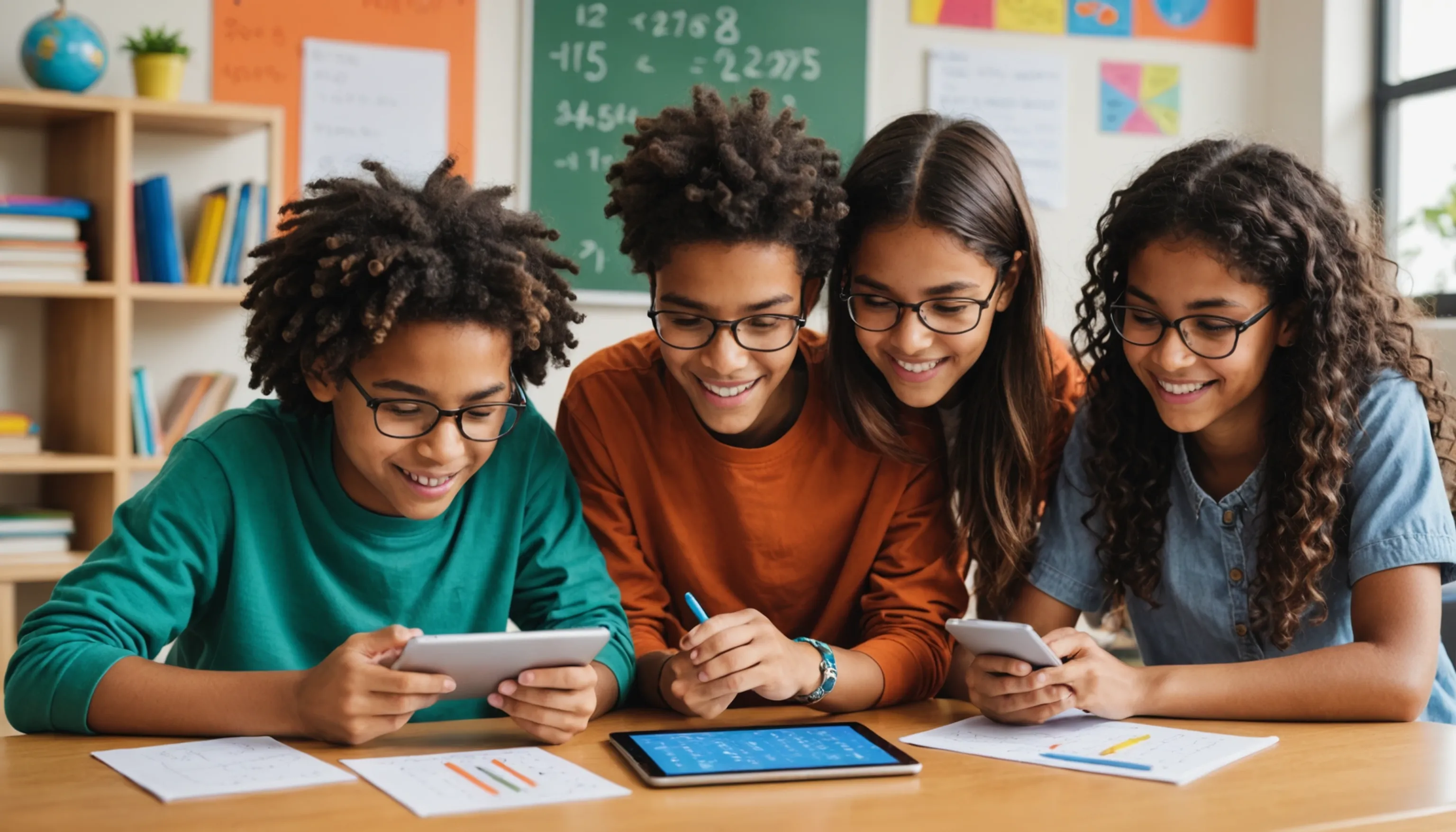 Teens enjoying interactive math games using technology