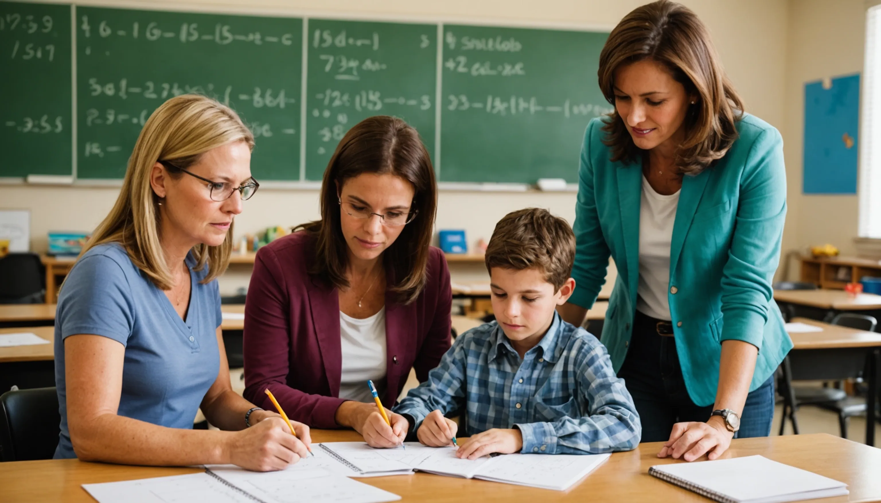 Parents and teachers helping teenagers improve math scores