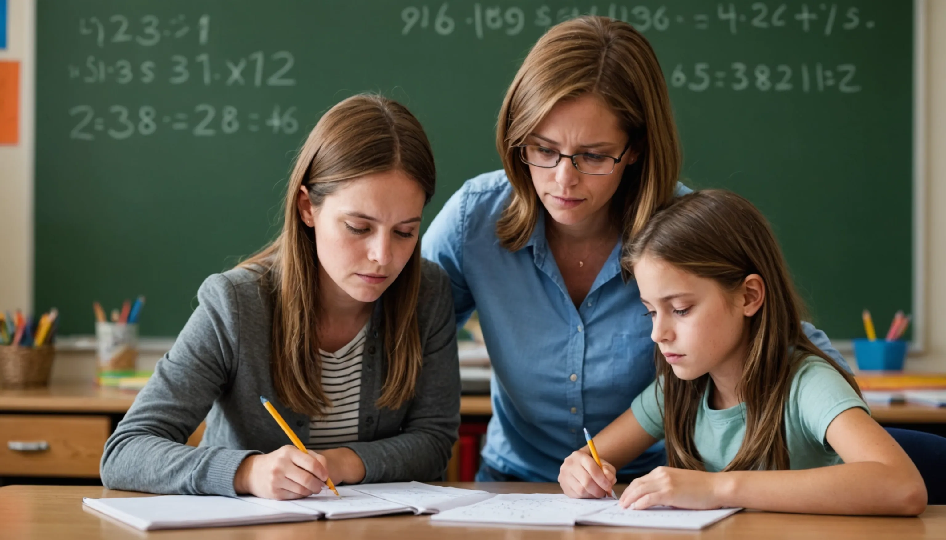 Parent or teacher helping a teenager overcome math anxiety