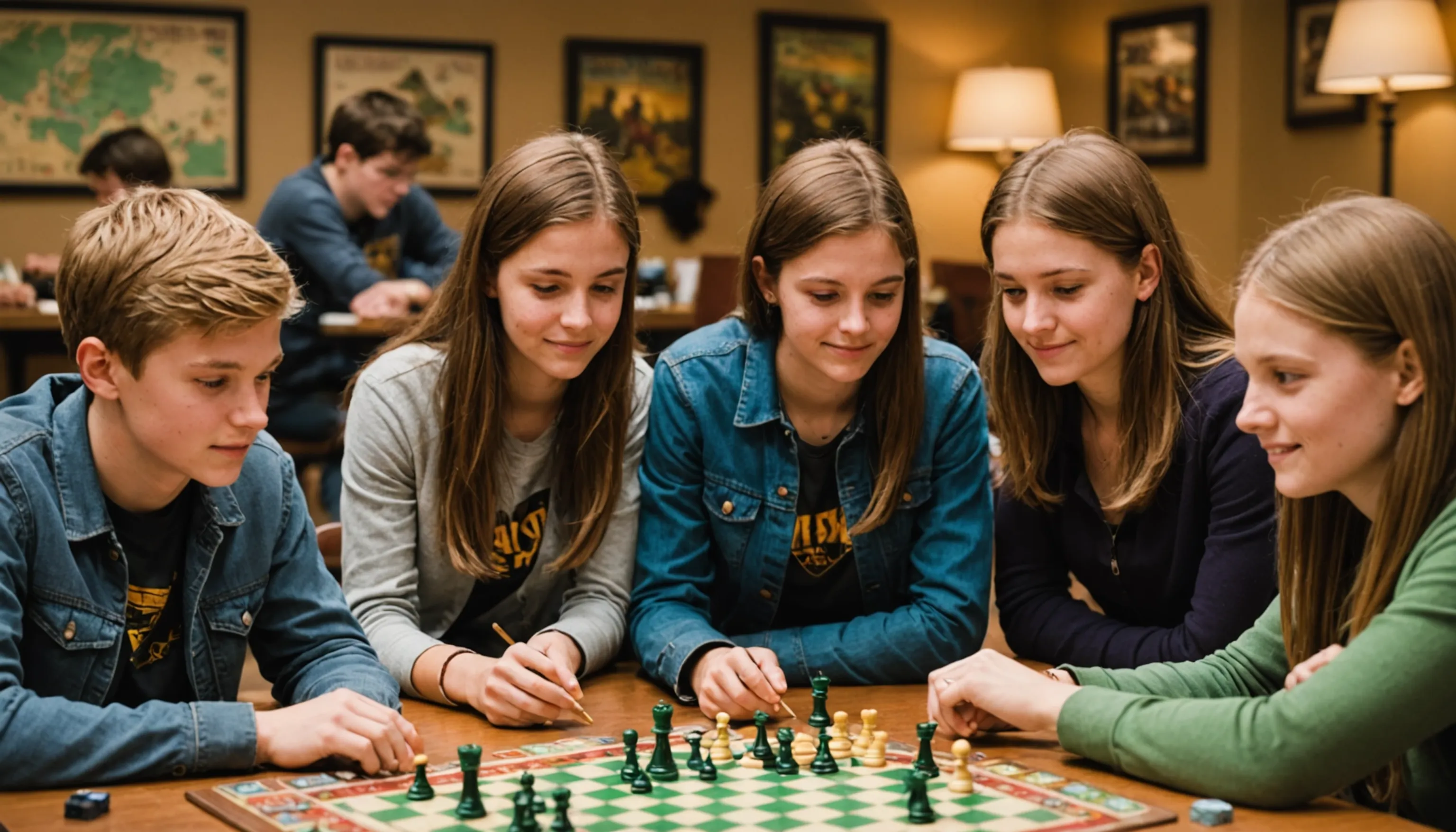 Teenagers playing strategy board games to improve critical thinking and teamwork skills