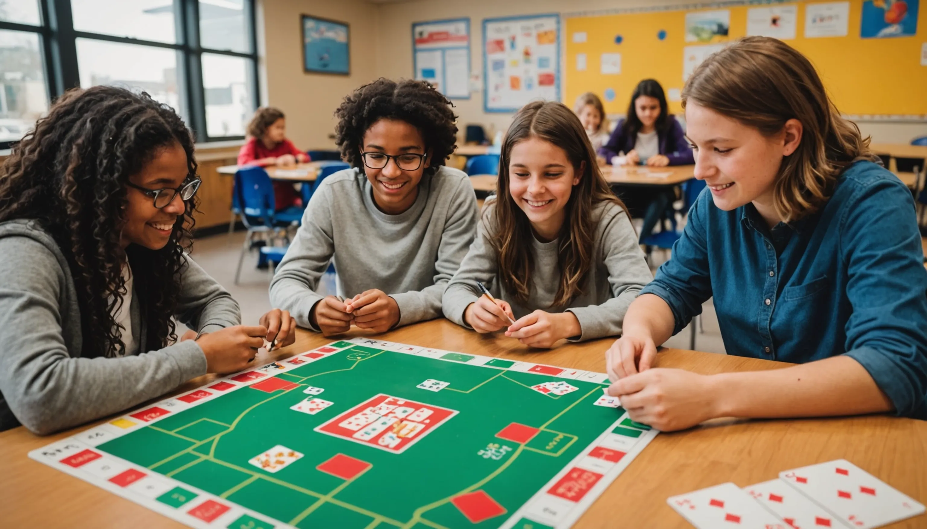 Students playing board and card games to learn math