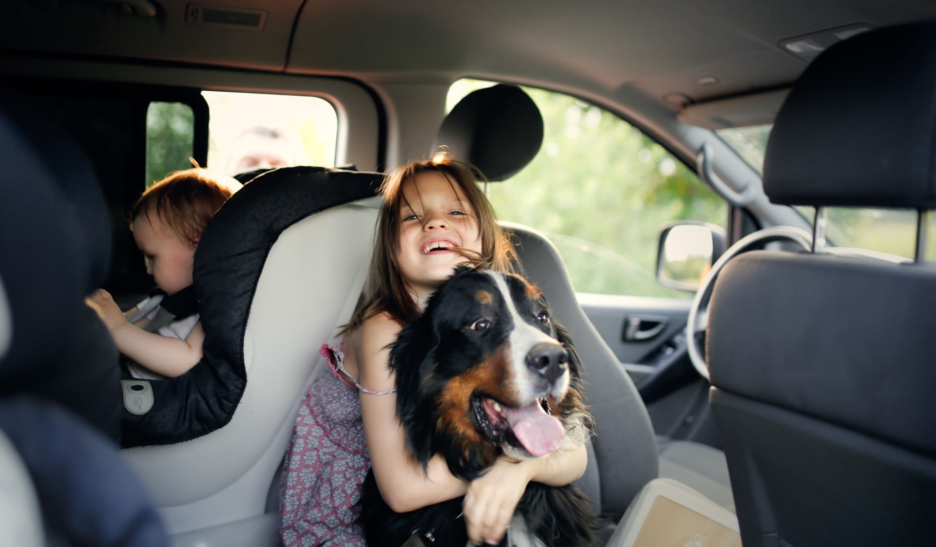 Family traveling with pets, enjoying a comfortable trip together