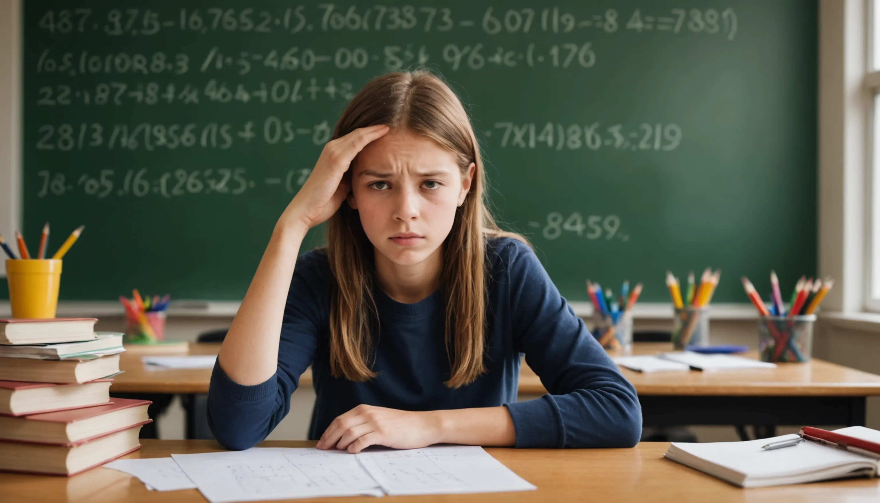 Teenager experiencing math phobia with supportive teacher and parent