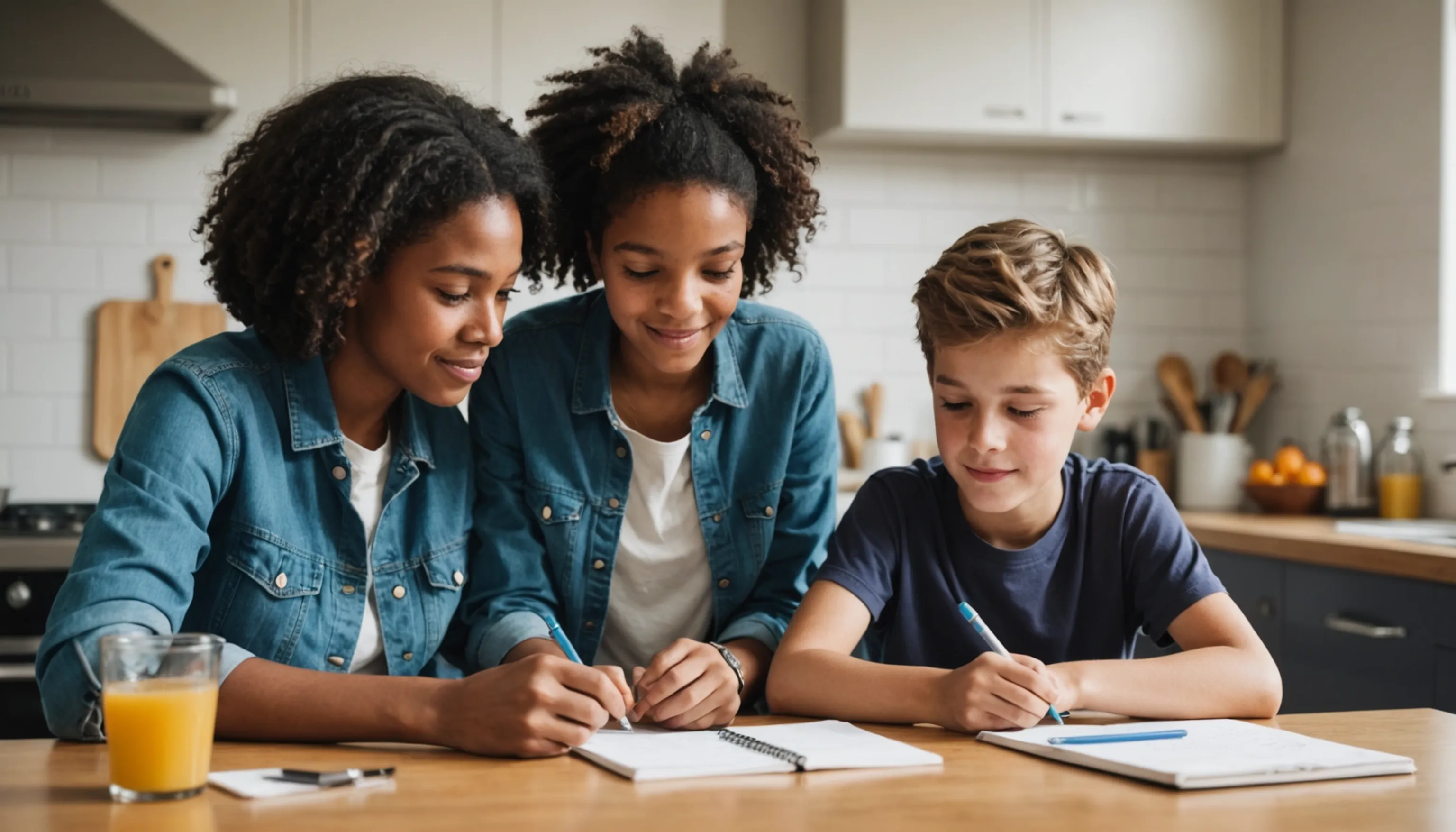 Parent guiding teenager on healthy screen time practices