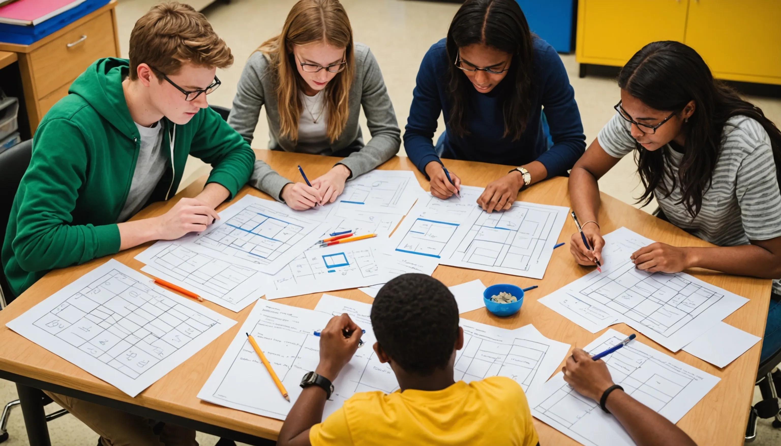 Teenagers collaborating in a group study session for math