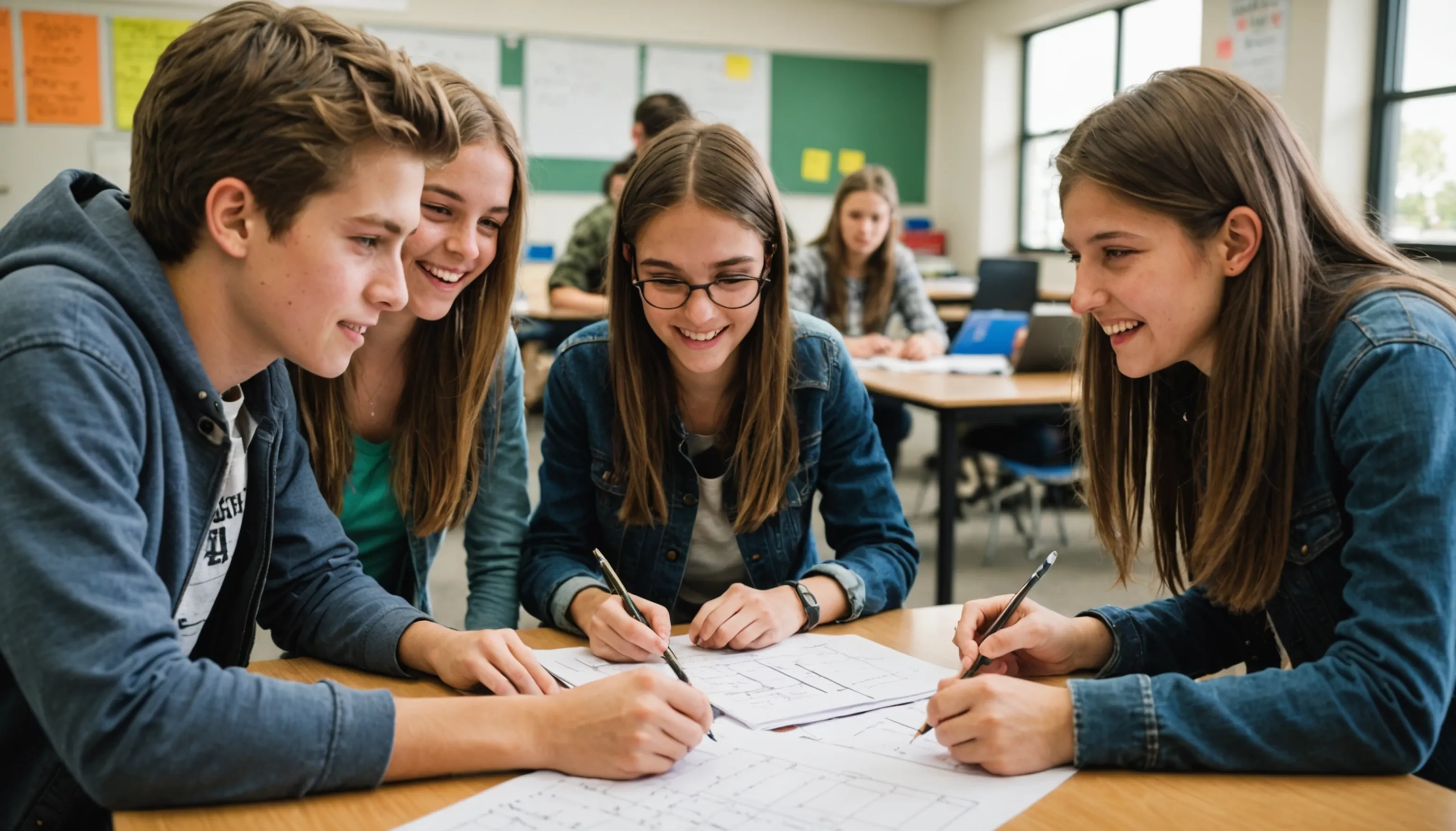 Teenagers engaging in collaborative learning during afterschool math activities