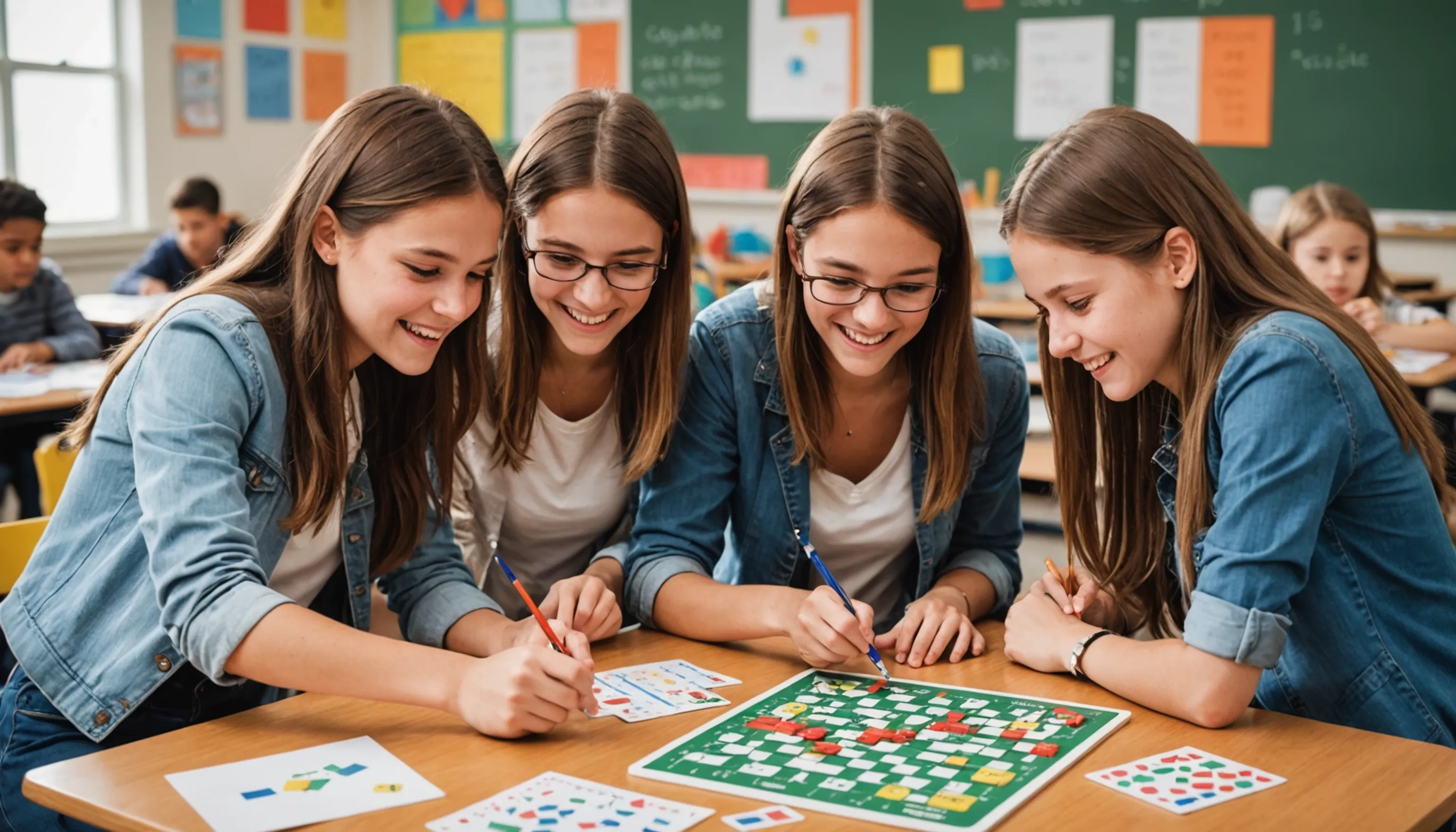 Teenagers playing math games and solving puzzles