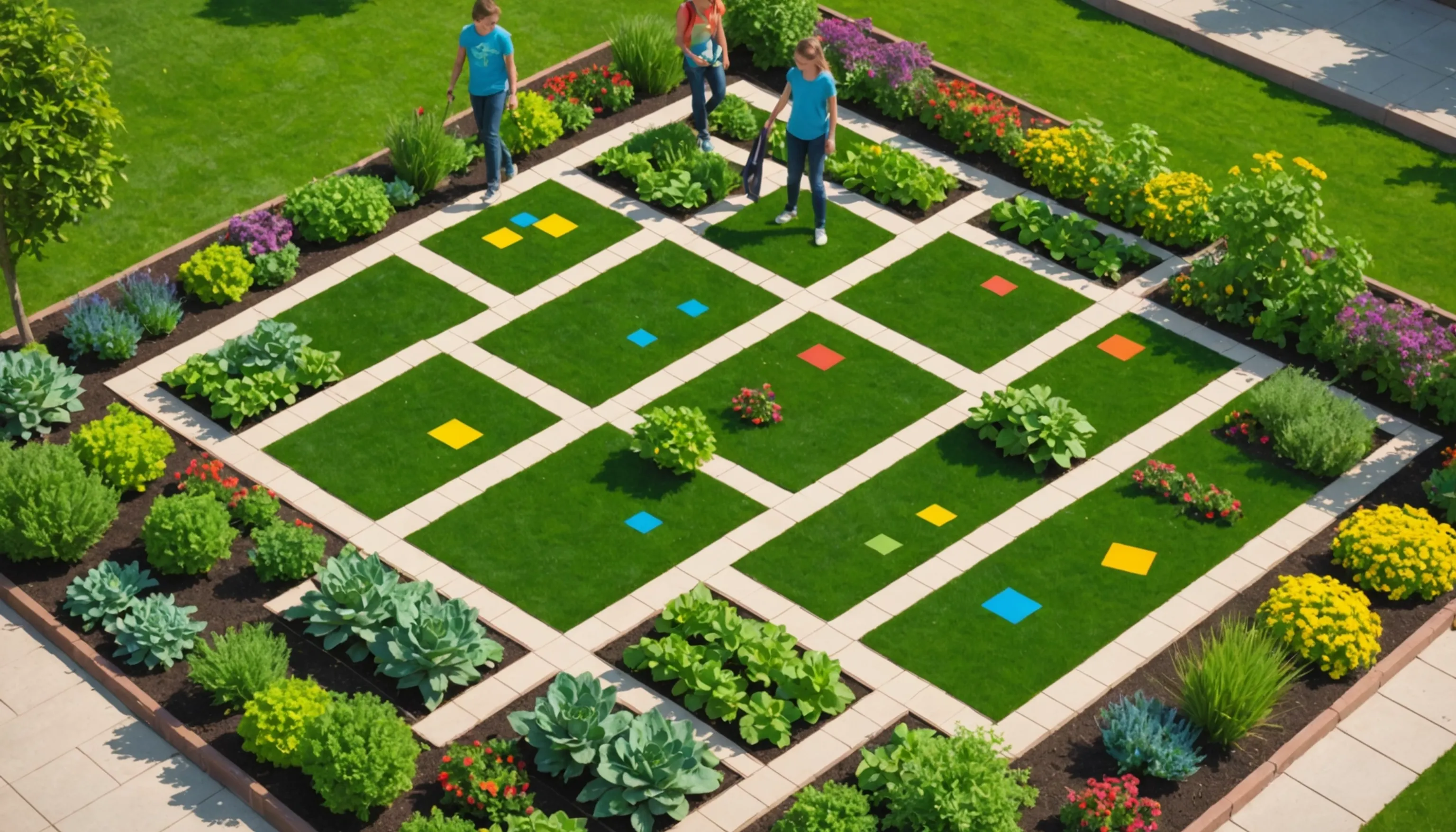 Teens building a math-themed garden with geometric designs