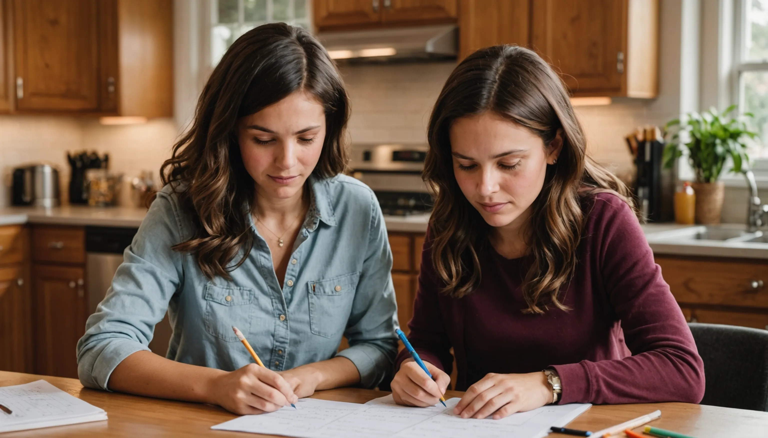 Parent or teacher guiding a teenager in advanced math at home