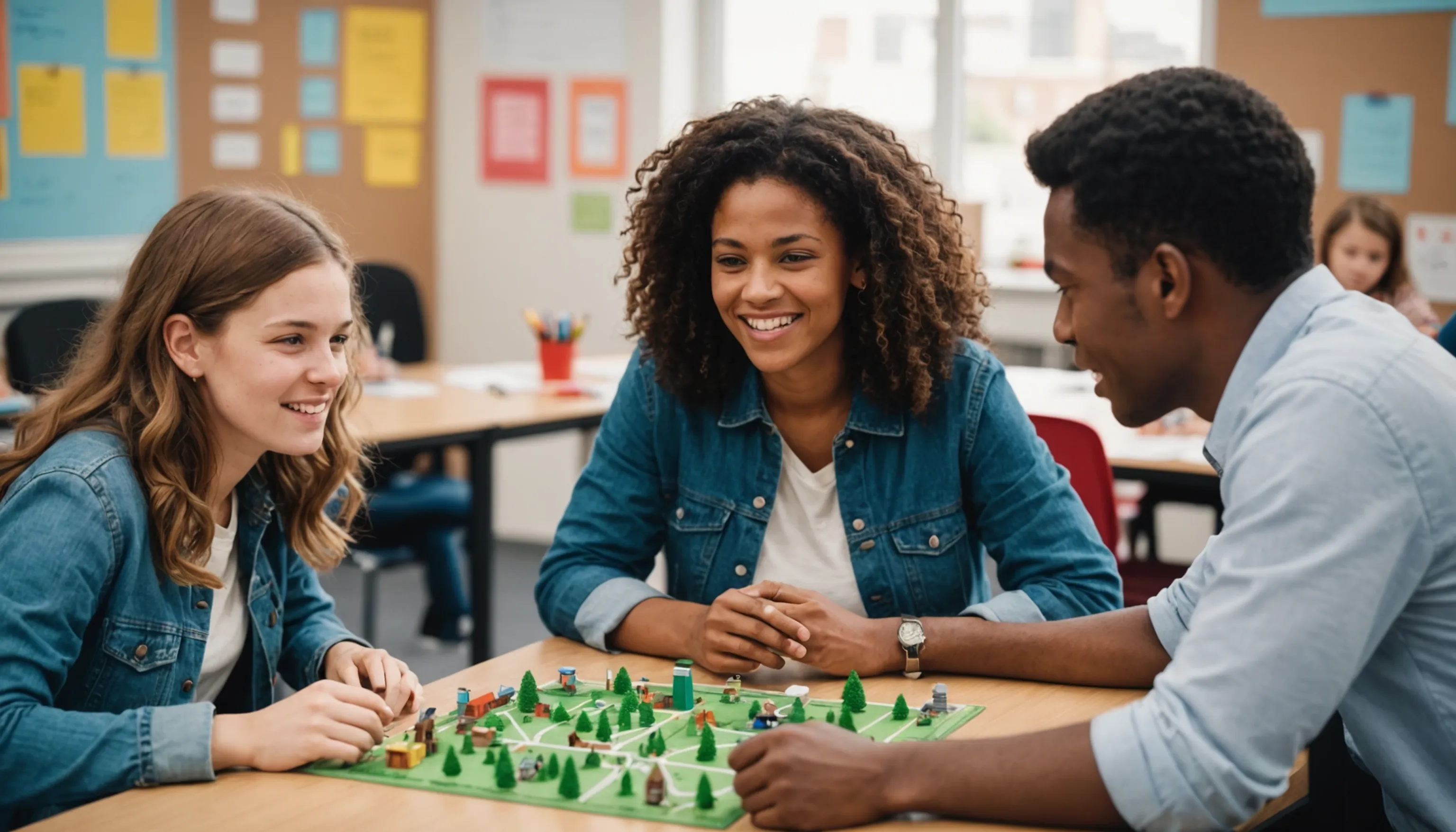 Parent and teacher discussing city builder games with teenagers