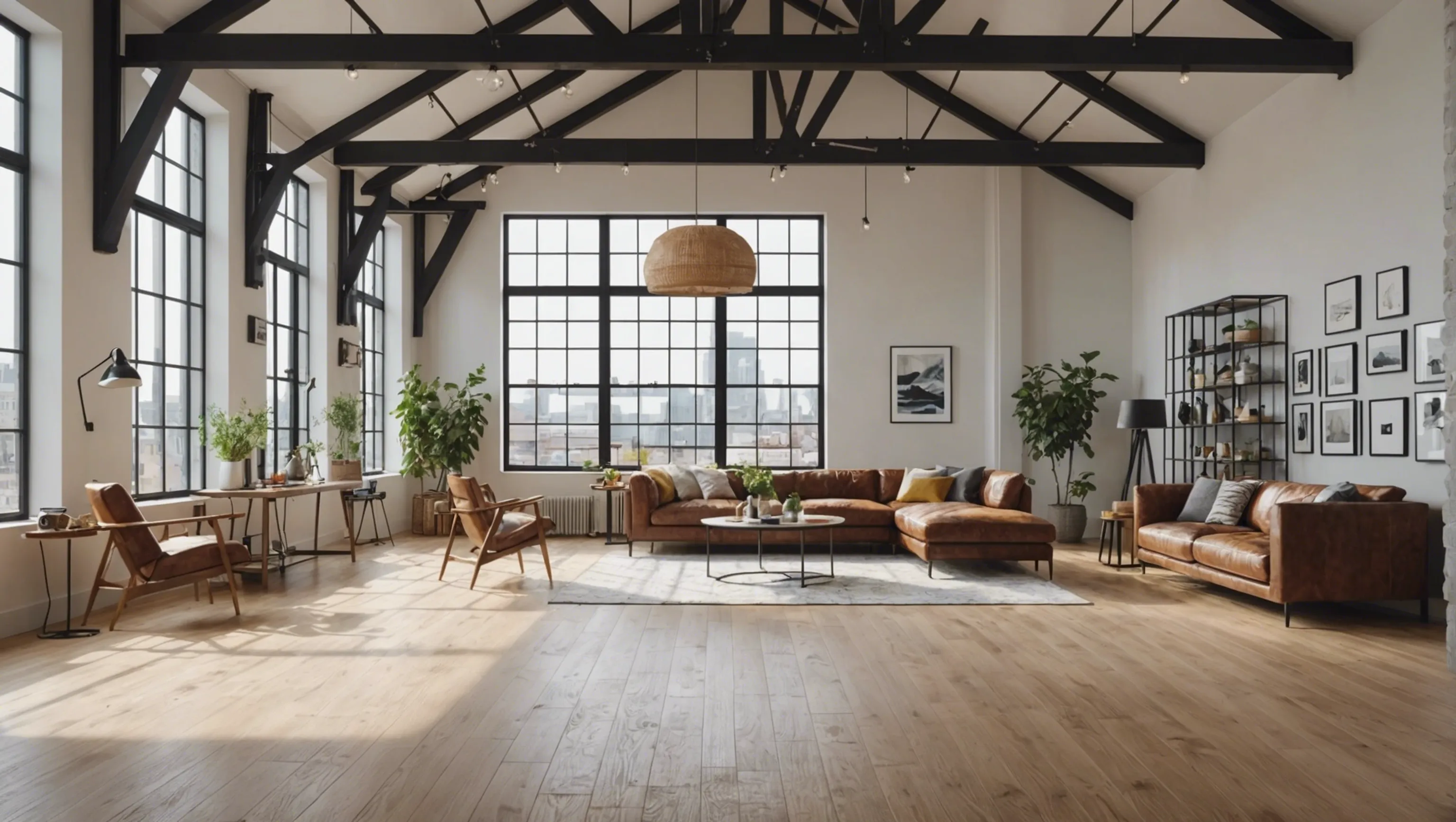 Intérieur lumineux et ouvert d'un loft avec de grandes fenêtres