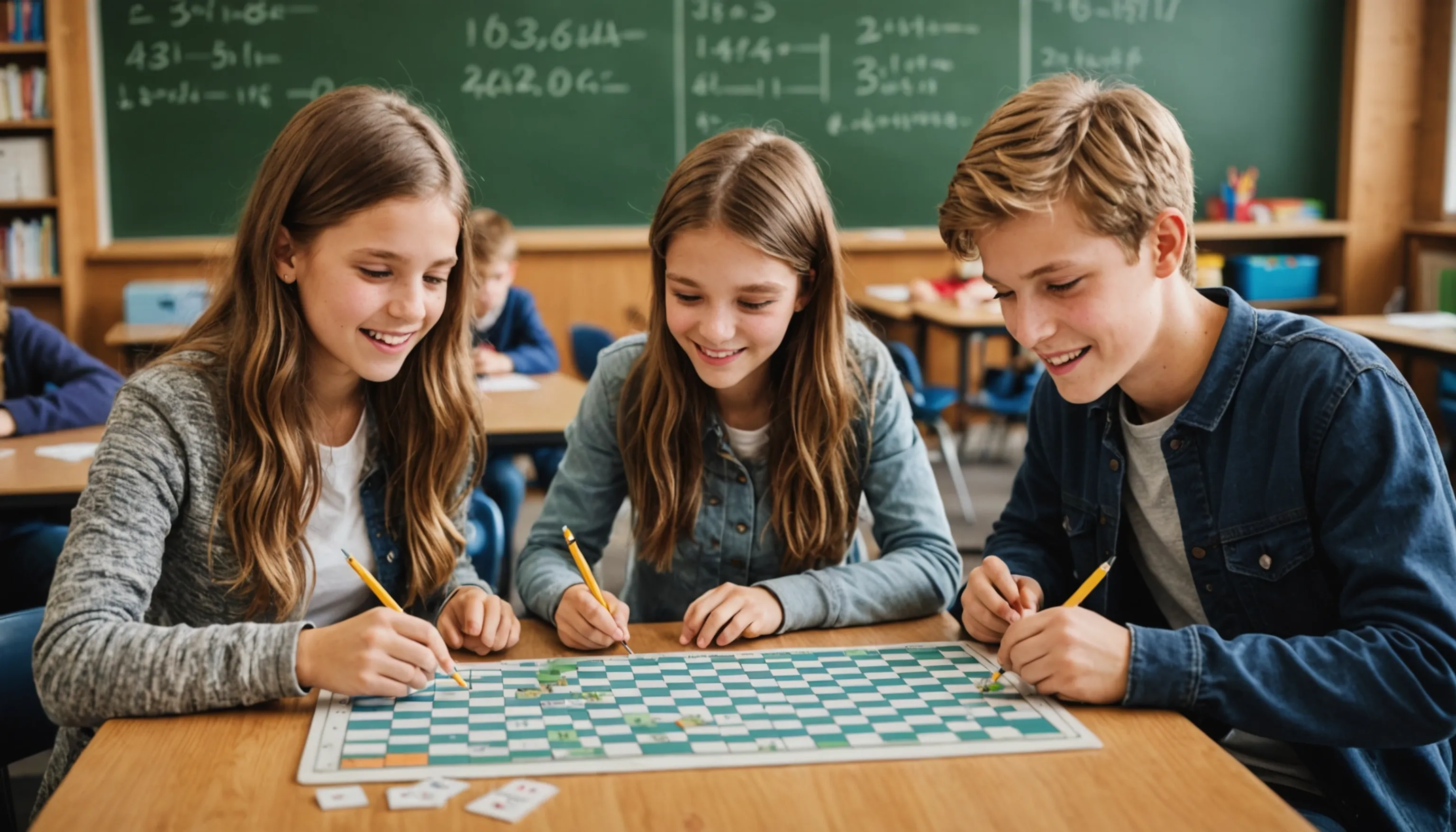 Teenagers enjoying math puzzles and brain teasers for fun learning