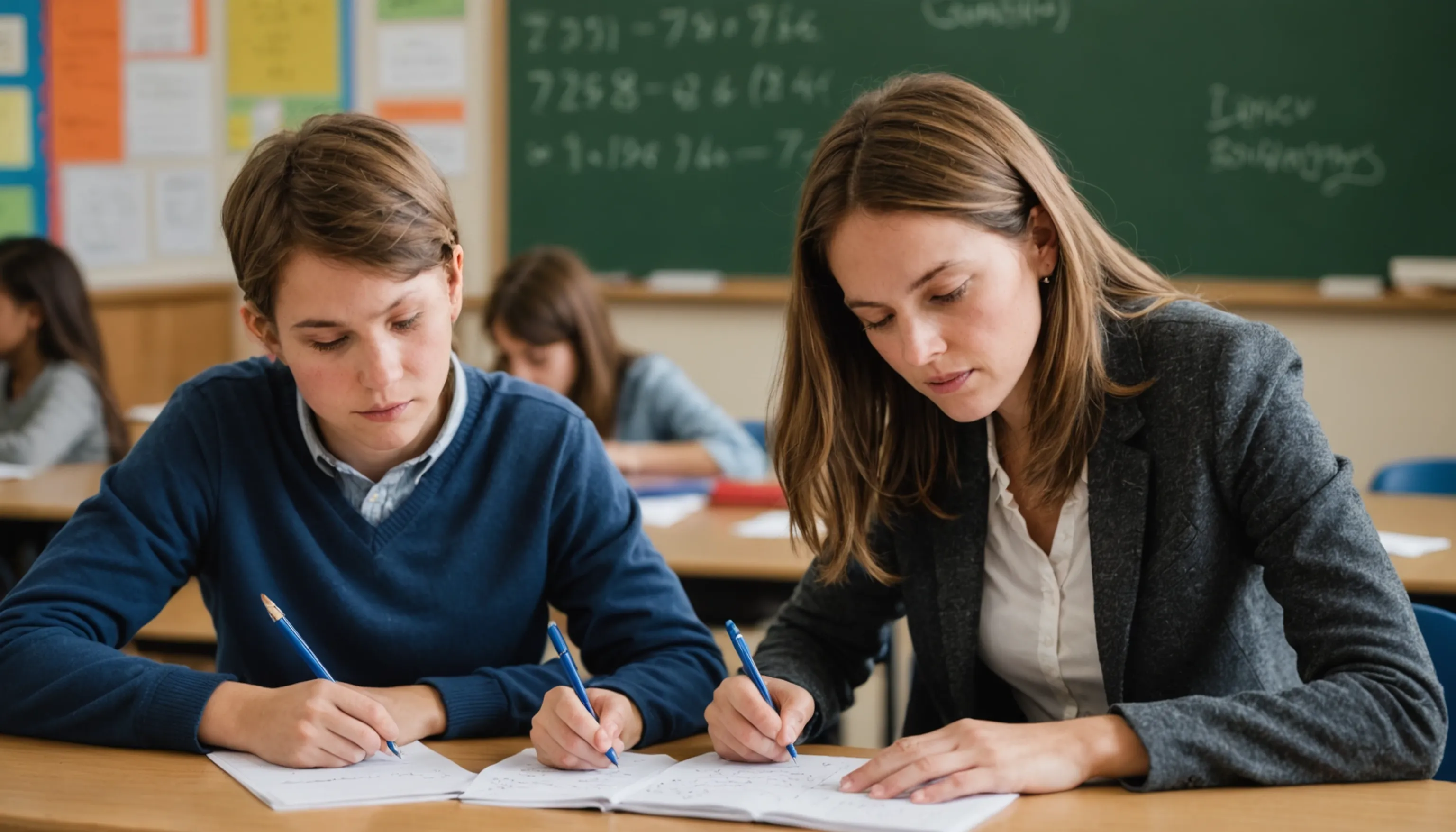 Parent or teacher supporting a teenager to overcome math anxiety