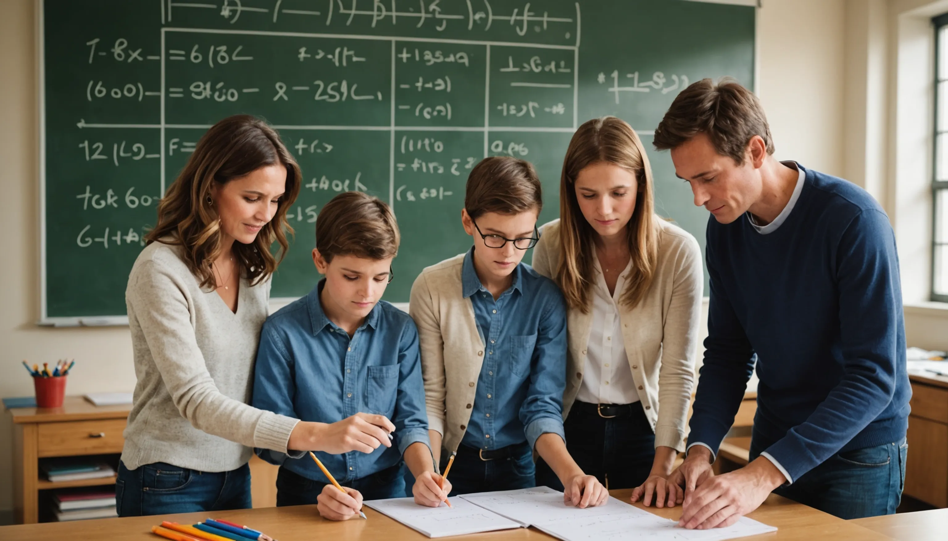 Parents and teachers supporting teenagers in learning algebra