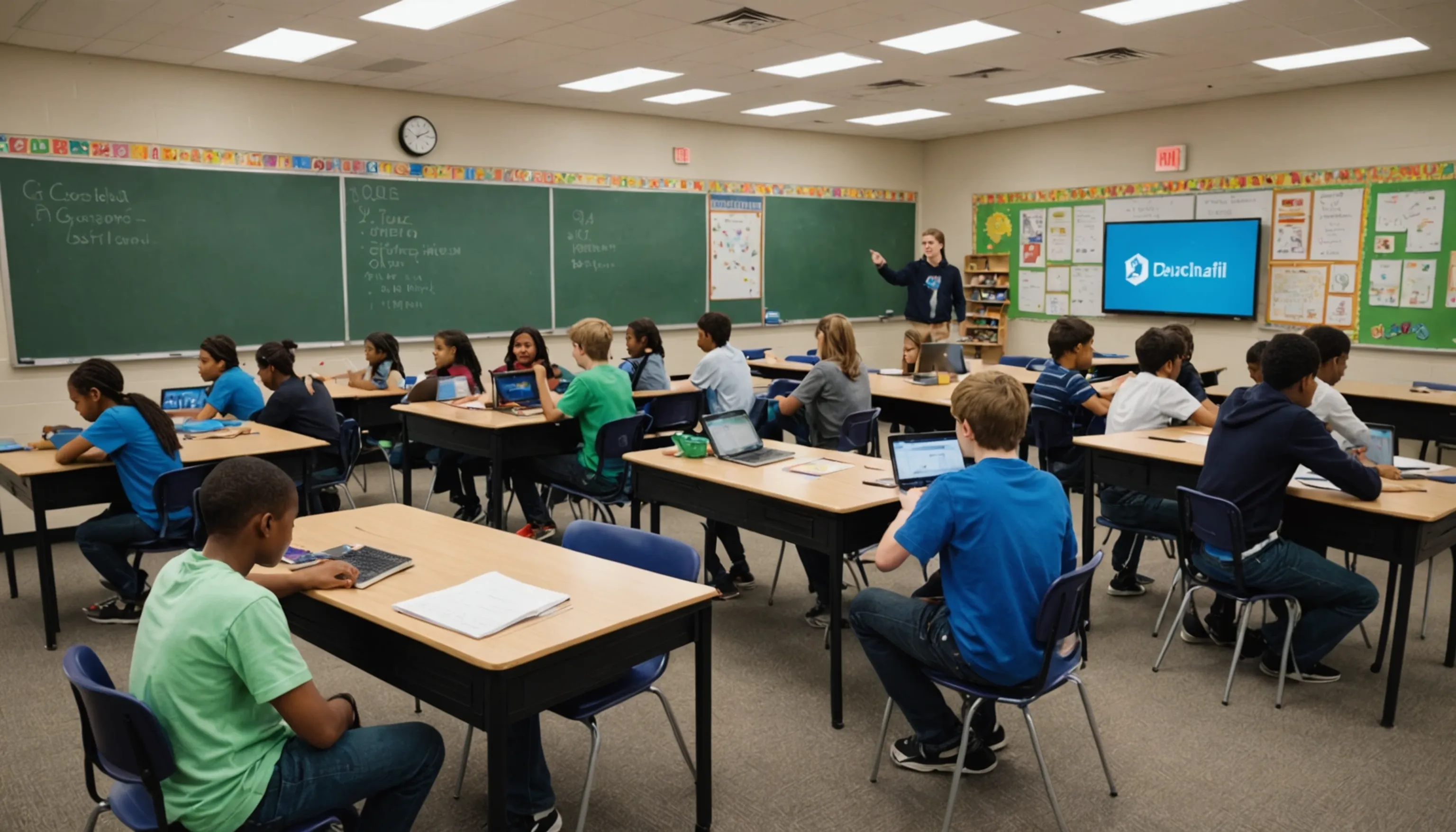 Students collaborating in a classroom through video games