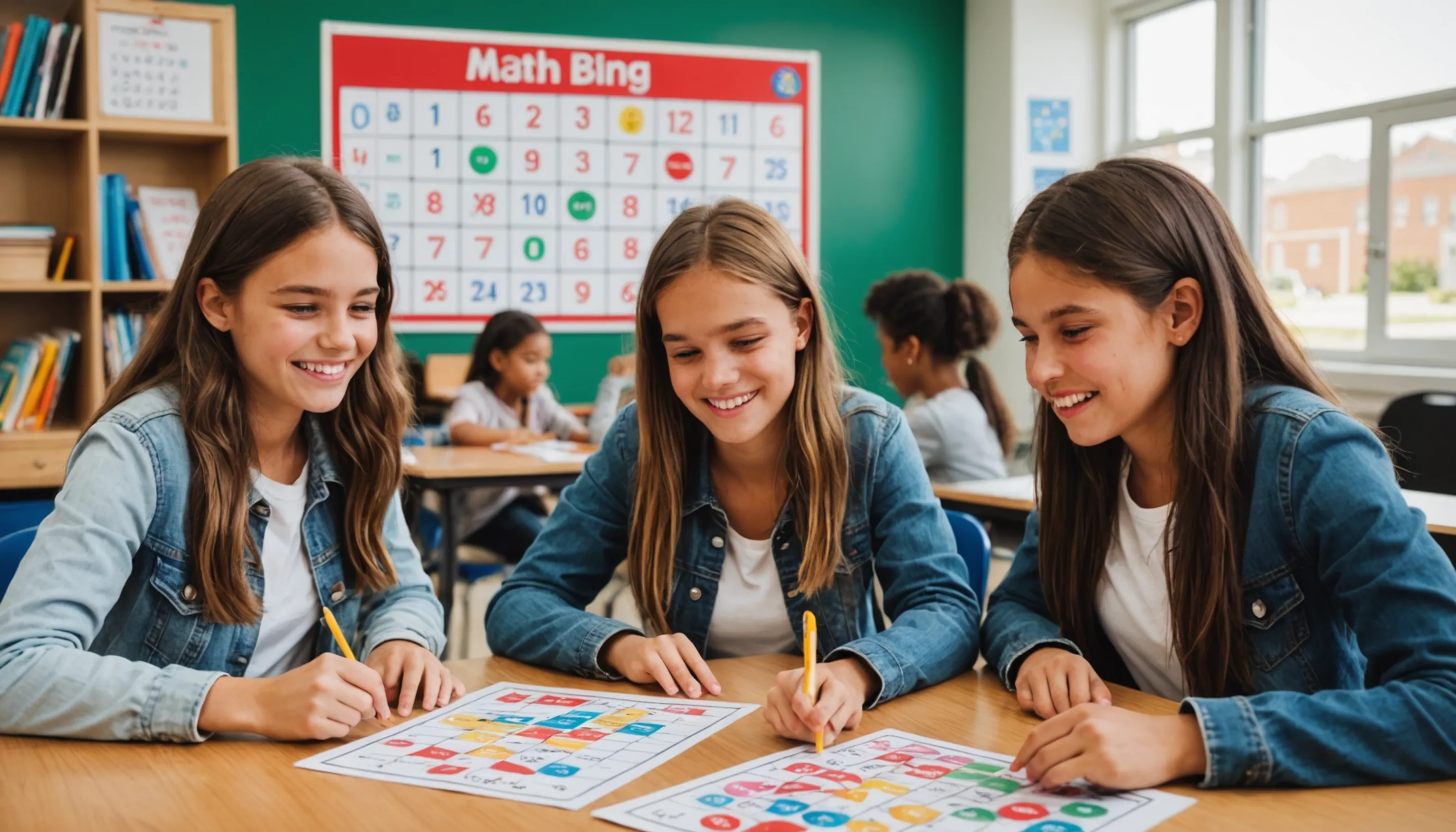 Teenagers playing Math Bingo in a fun classroom setting