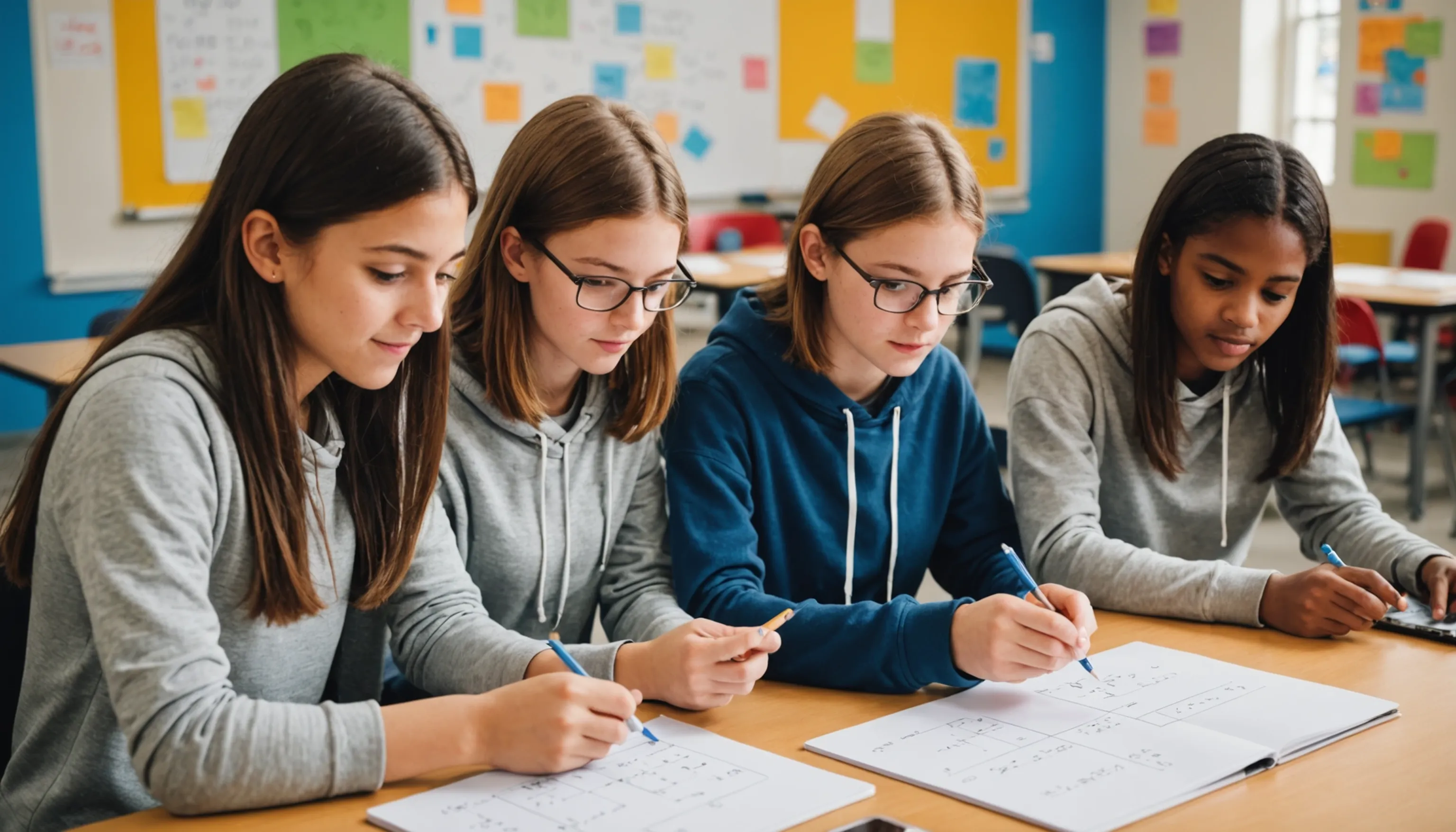 Teenagers engaging with interactive math learning techniques