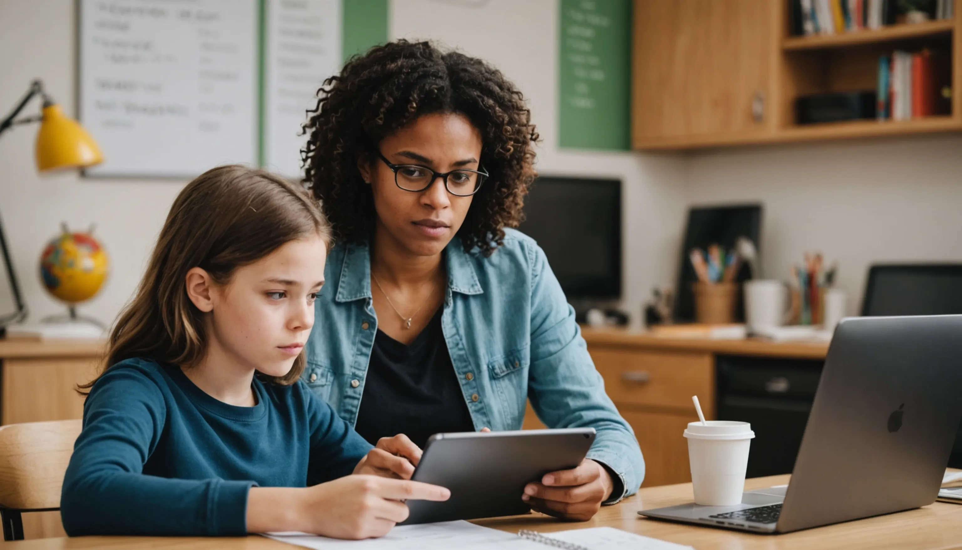 Parent or teacher managing screen time for teenagers