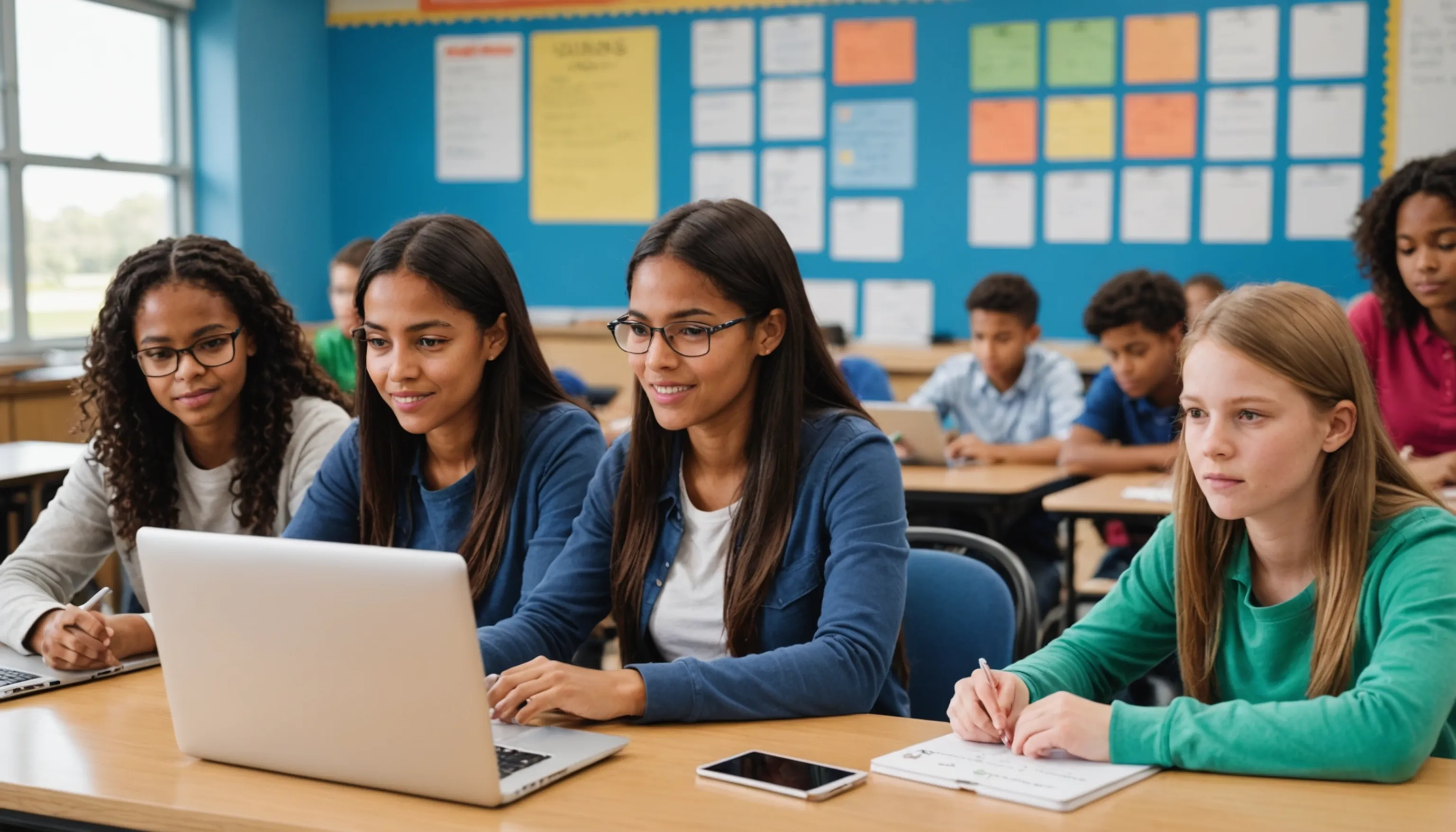 Students engaging in critical thinking exercises using online resources in the classroom